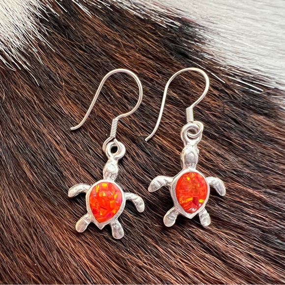 ❤️ Orange Opal Turtle TAXCO 950 Sterling Silver Earrings 1.11”L x .56”W - Picture 4 of 11